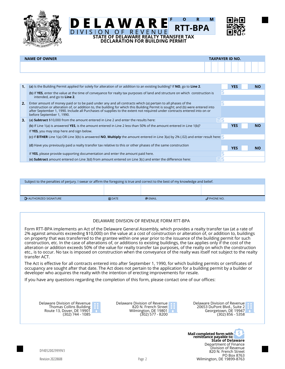 Form RTT-BPA State of Delaware Realty Transfer Tax Declaration for Building Permit - Delaware, Page 2