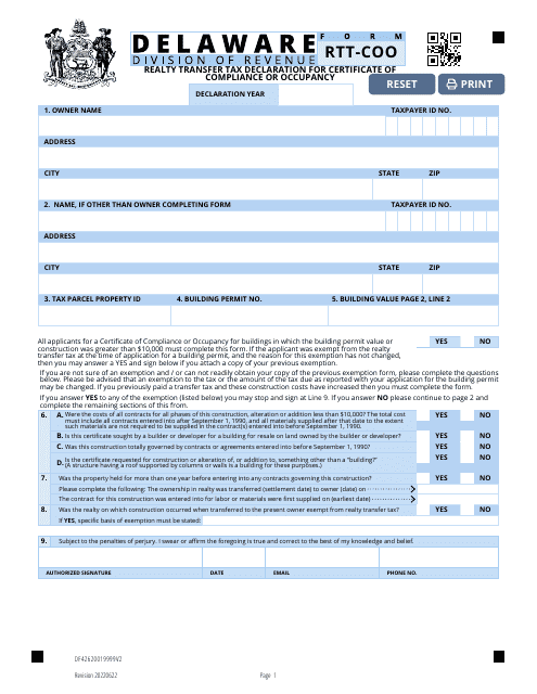 Form RTT-COO Realty Transfer Tax Declaration for Certificate of Compliance or Occupancy - Delaware