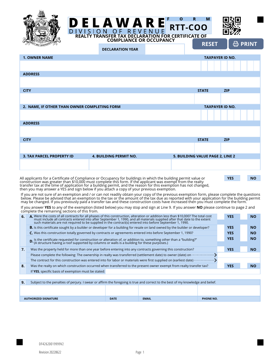 Form RTT-COO Realty Transfer Tax Declaration for Certificate of Compliance or Occupancy - Delaware, Page 1