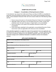 Document preview: Exemption Application - Category I - Consolidation of Existing Executive Orders - California