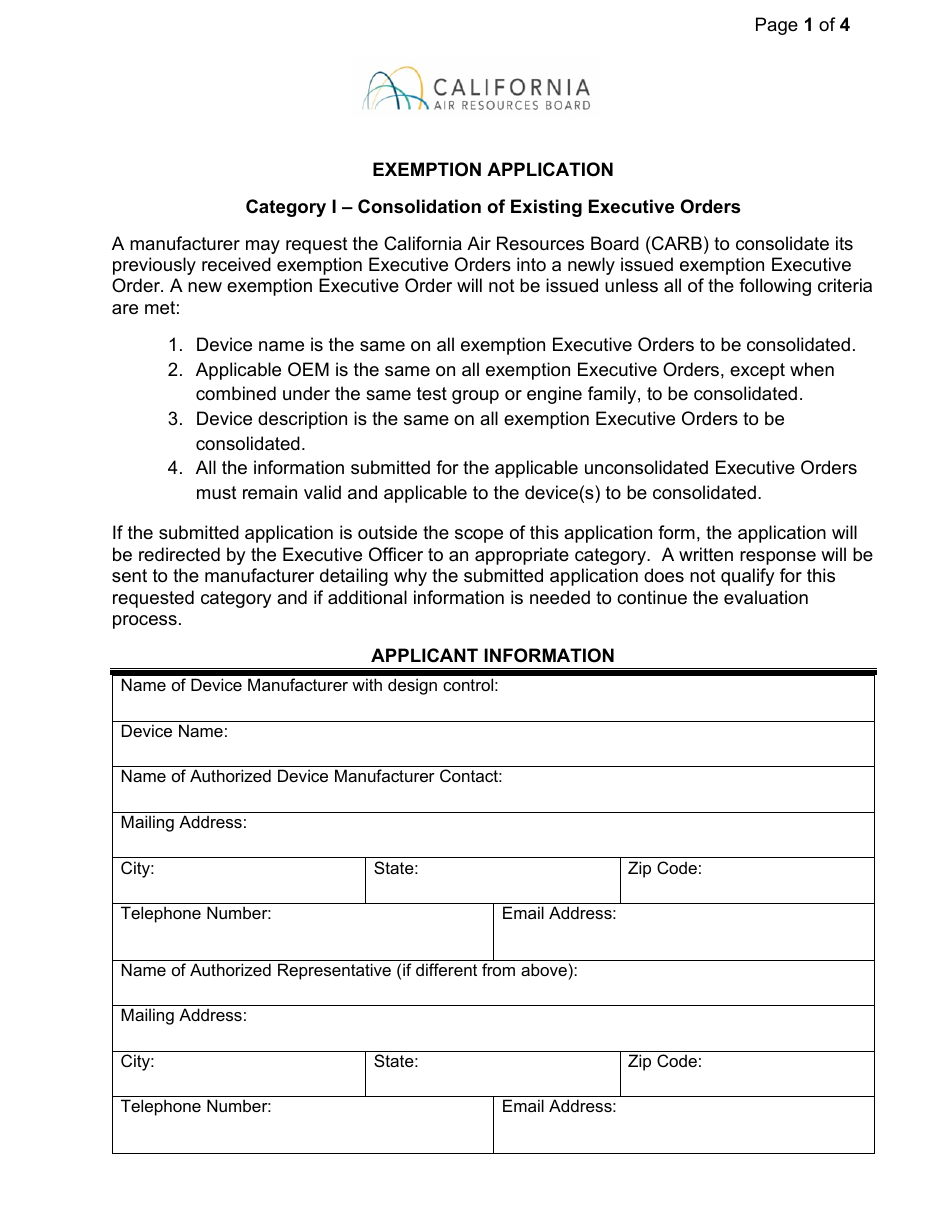 Exemption Application - Category I - Consolidation of Existing Executive Orders - California, Page 1