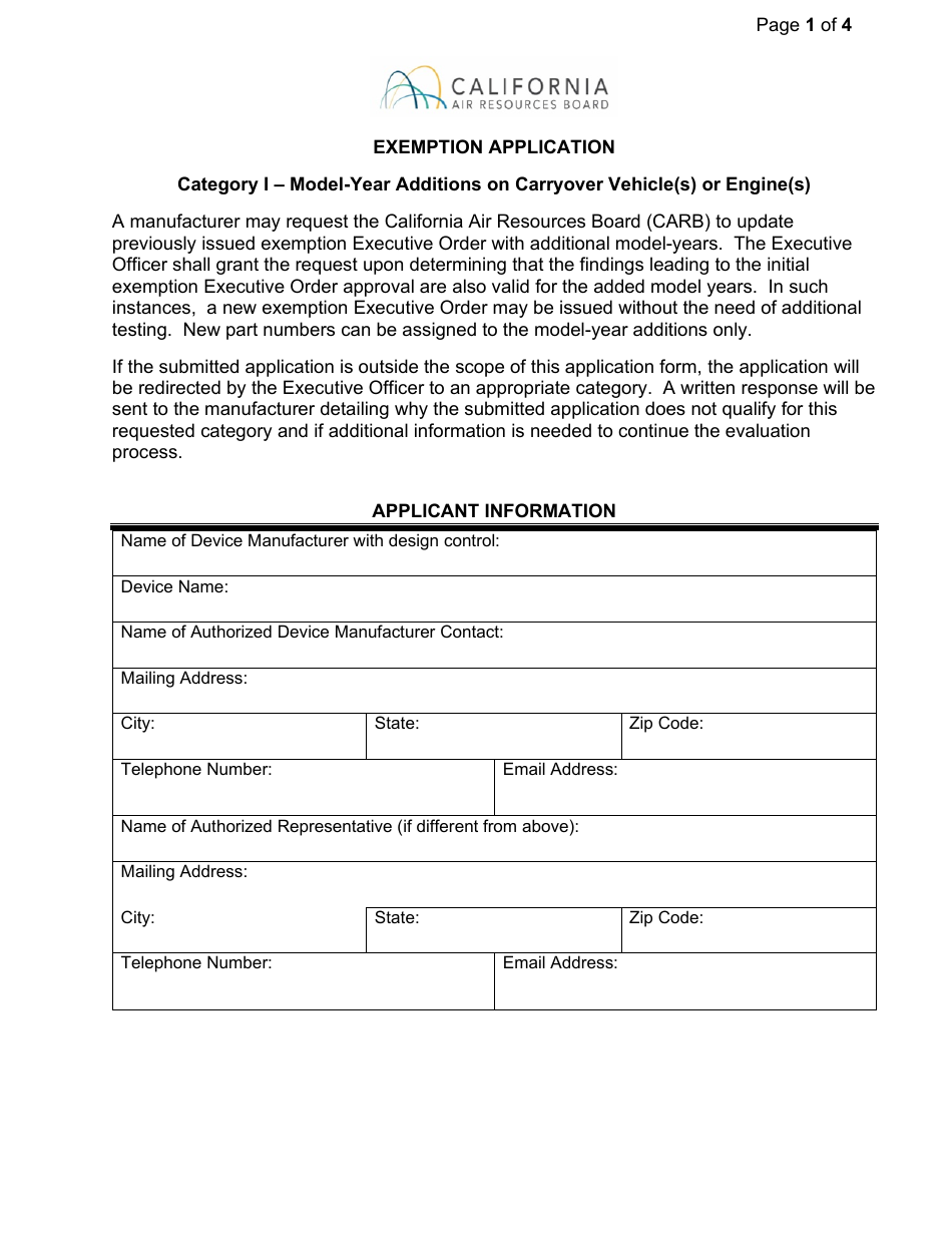 Exemption Application - Category I - Model-Year Additions on Carryover Vehicle(S) or Engine(S) - California, Page 1