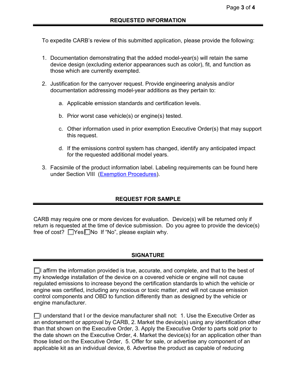 Exemption Application - Category I - Model-Year Additions on Carryover Vehicle(S) or Engine(S) - California, Page 3