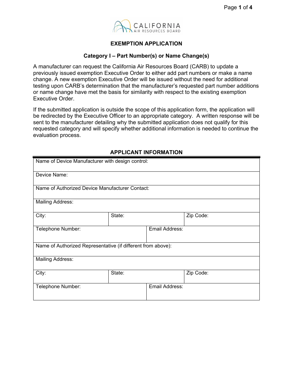 California Exemption Application Category I Part Number(S) or Name