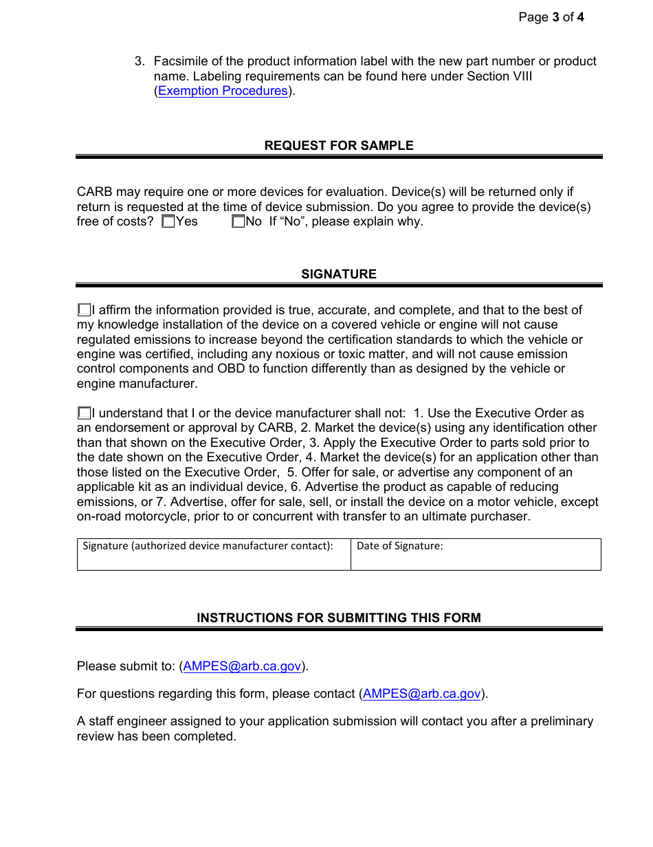 Exemption Application - Category I - Part Number(S) or Name Change(S) - California, Page 3