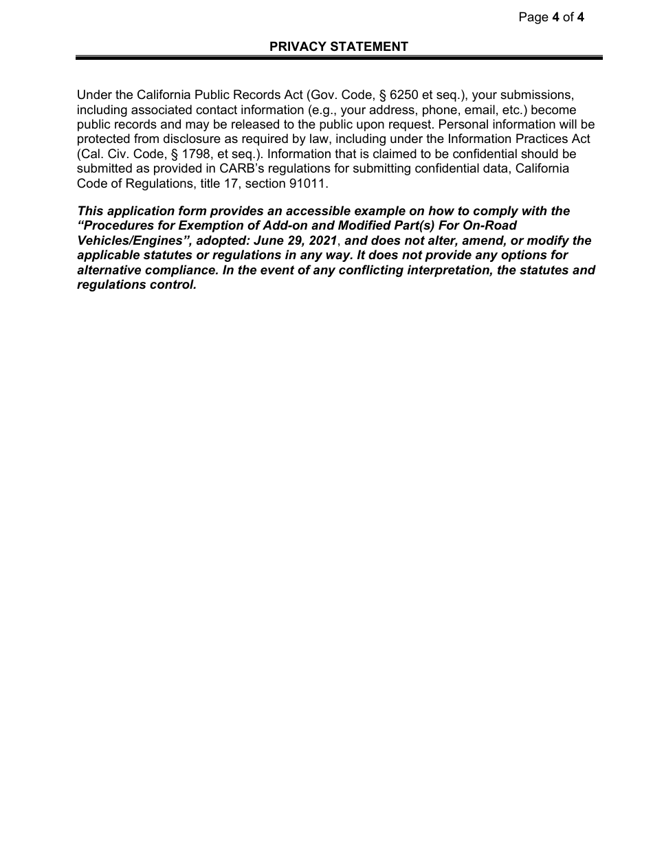 Exemption Application - Category I - Part Number(S) or Name Change(S) - California, Page 4