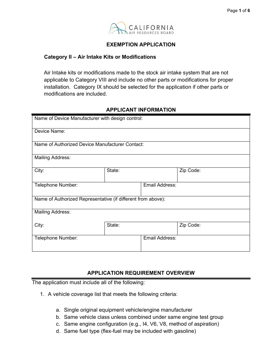 Exemption Application - Category II - Air Intake Kits or Modifications - California, Page 1