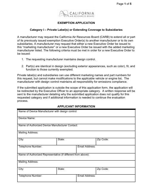 Exemption Application - Category I - Private Label(S) or Extending Coverage to Subsidiaries - California Download Pdf