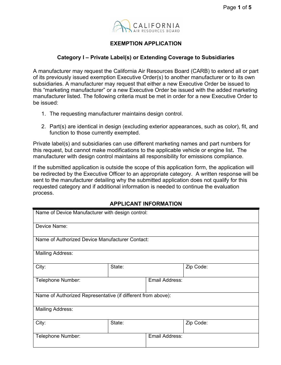 Exemption Application - Category I - Private Label(S) or Extending Coverage to Subsidiaries - California, Page 1