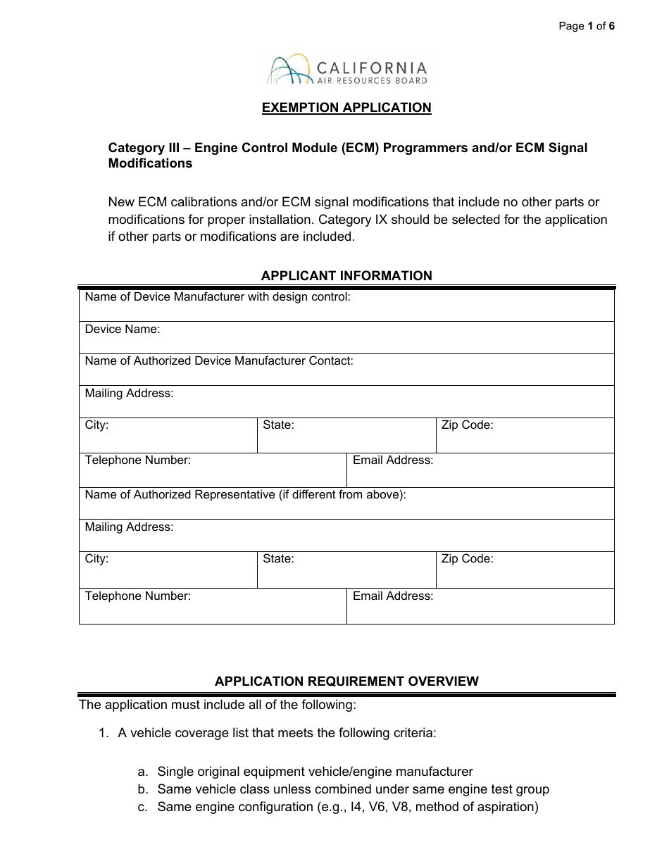 Exemption Application - Category Iii - Engine Control Module (Ecm) Programmers and / or Ecm Signal Modifications - California, Page 1