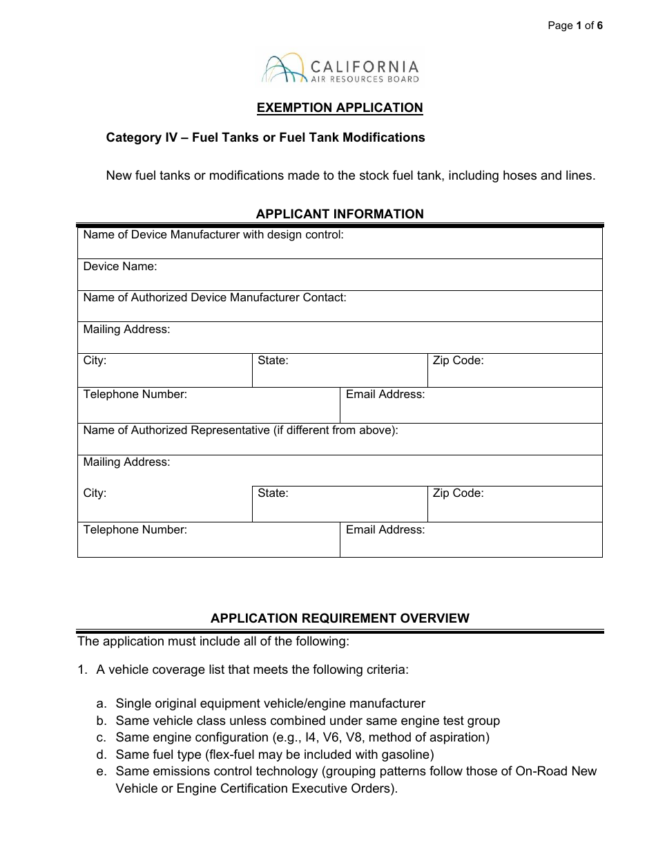 Exemption Application - Category IV - Fuel Tanks or Fuel Tank Modifications - California, Page 1