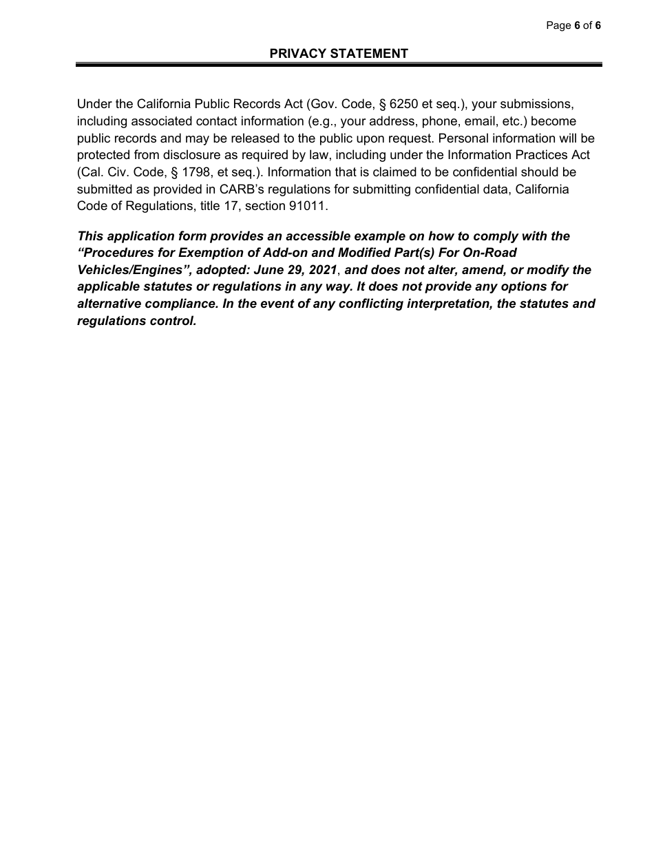 Exemption Application - Category IV - Fuel Tanks or Fuel Tank Modifications - California, Page 6