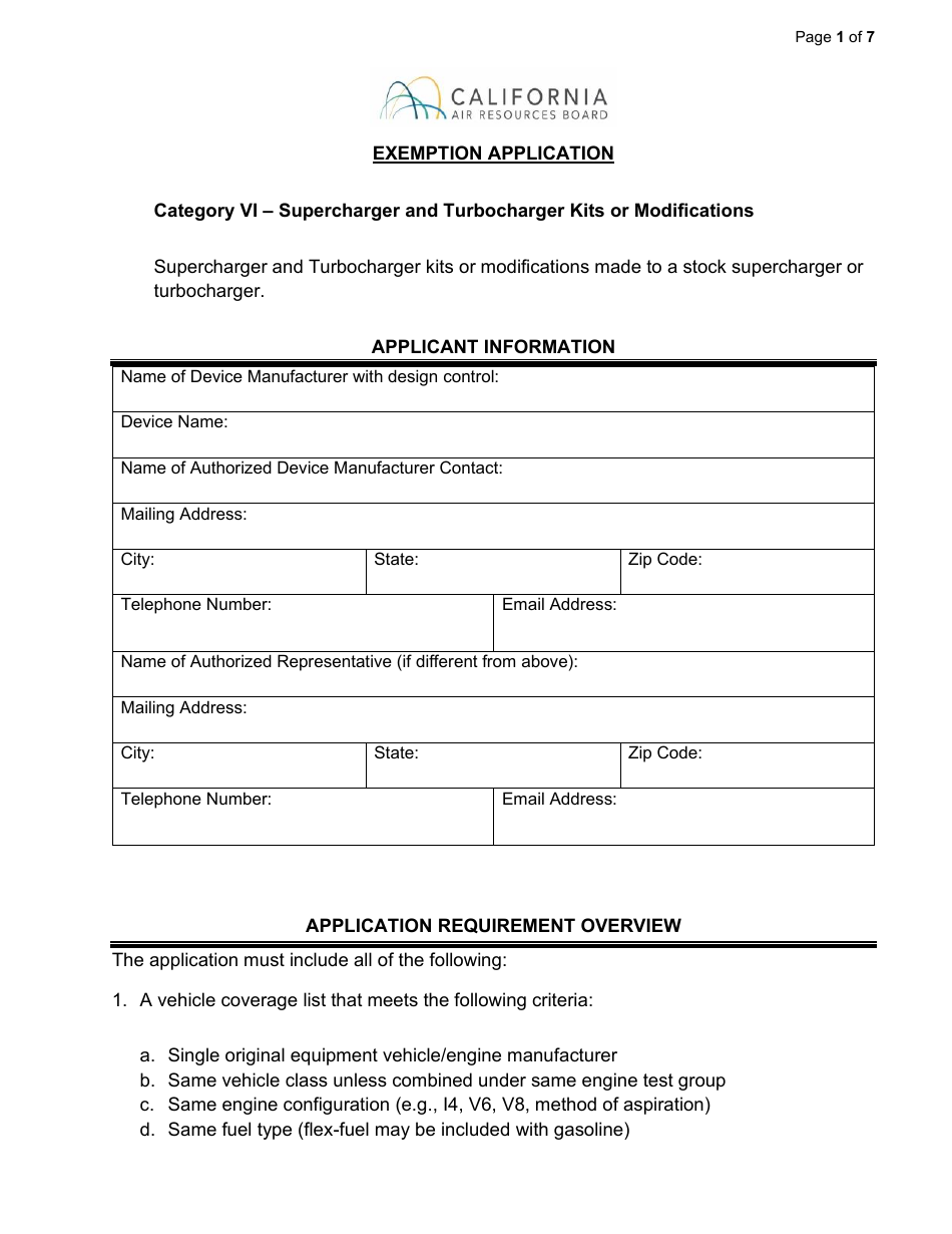 Exemption Application - Category VI - Supercharger and Turbocharger Kits or Modifications - California, Page 1