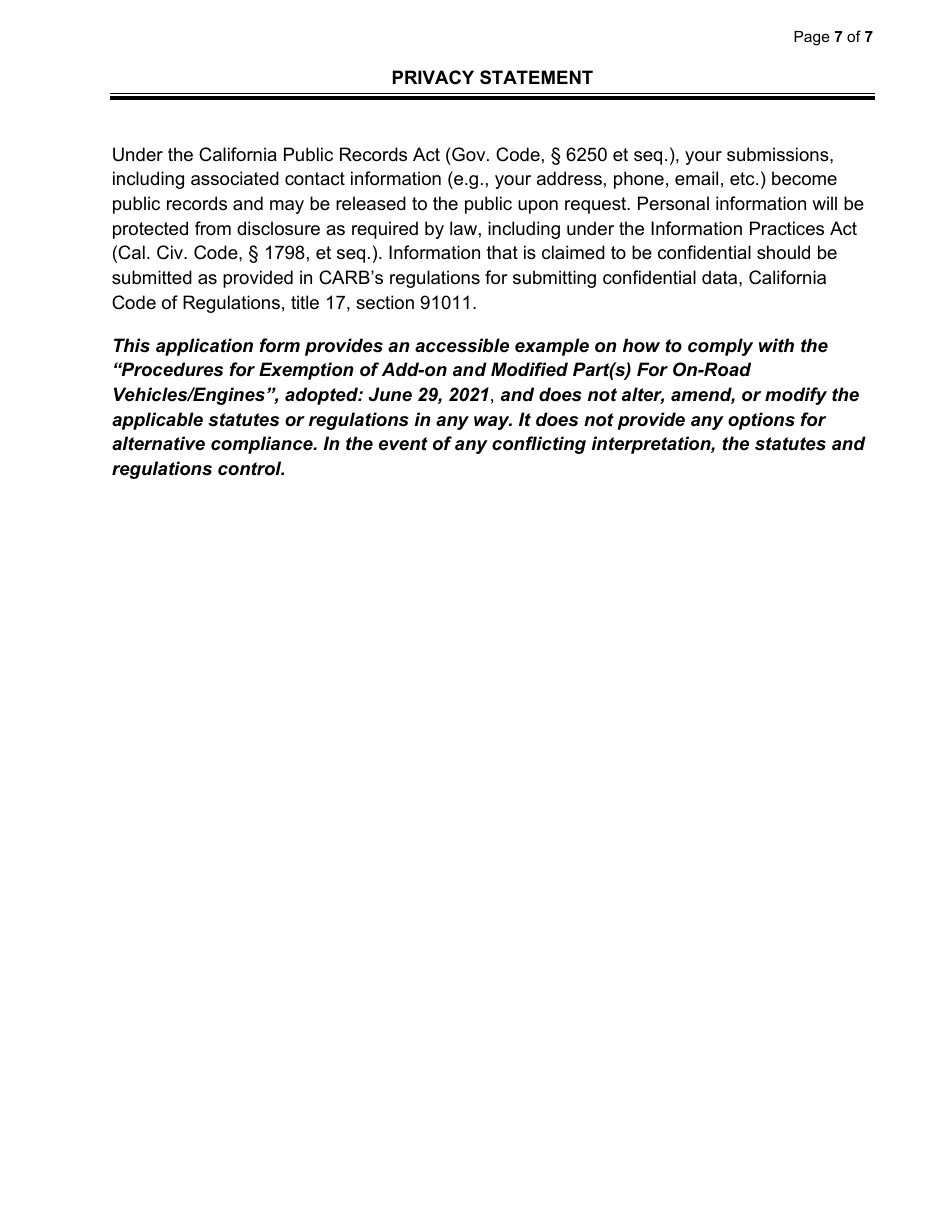 Exemption Application - Category VI - Supercharger and Turbocharger Kits or Modifications - California, Page 7