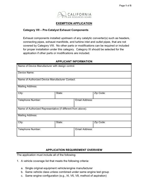 Exemption Application - Category VII - Pre-catalyst Exhaust Components - California Download Pdf