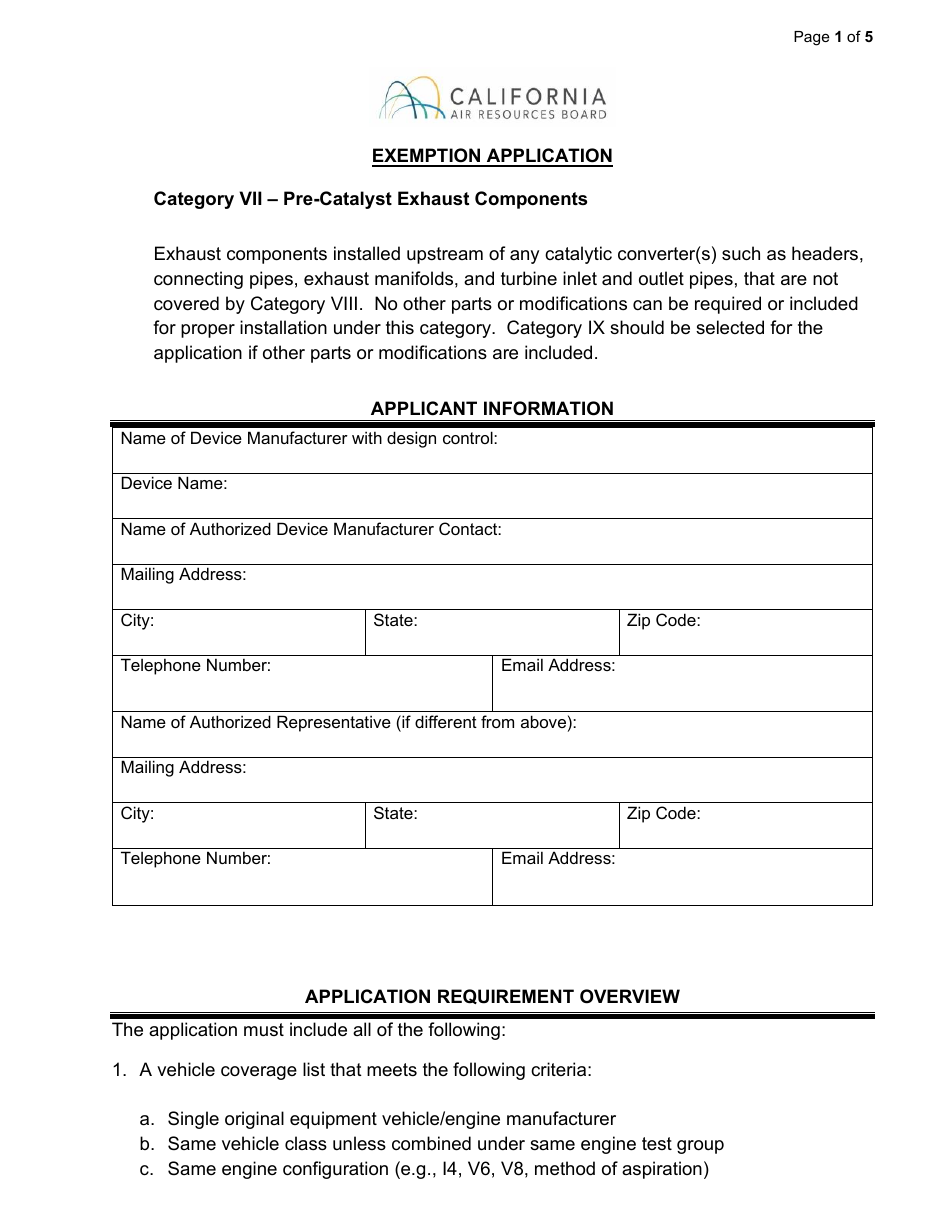 California Exemption Application Category VII Precatalyst Exhaust