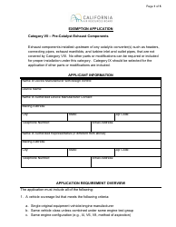 Exemption Application - Category VII - Pre-catalyst Exhaust Components - California