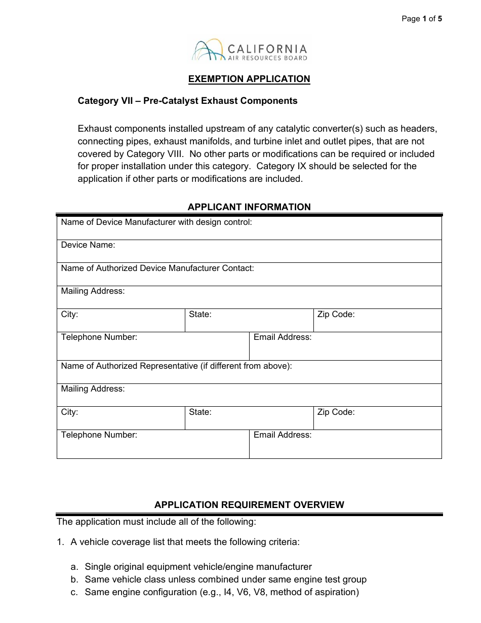 Exemption Application - Category VII - Pre-catalyst Exhaust Components - California, Page 1