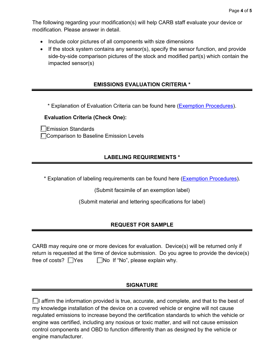 Exemption Application - Category VII - Pre-catalyst Exhaust Components - California, Page 4