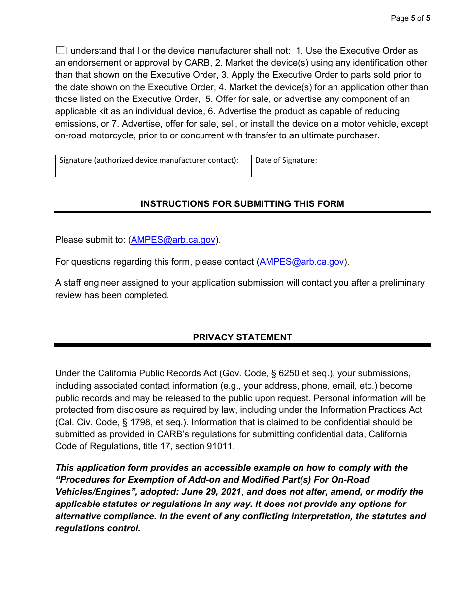Exemption Application - Category VII - Pre-catalyst Exhaust Components - California, Page 5