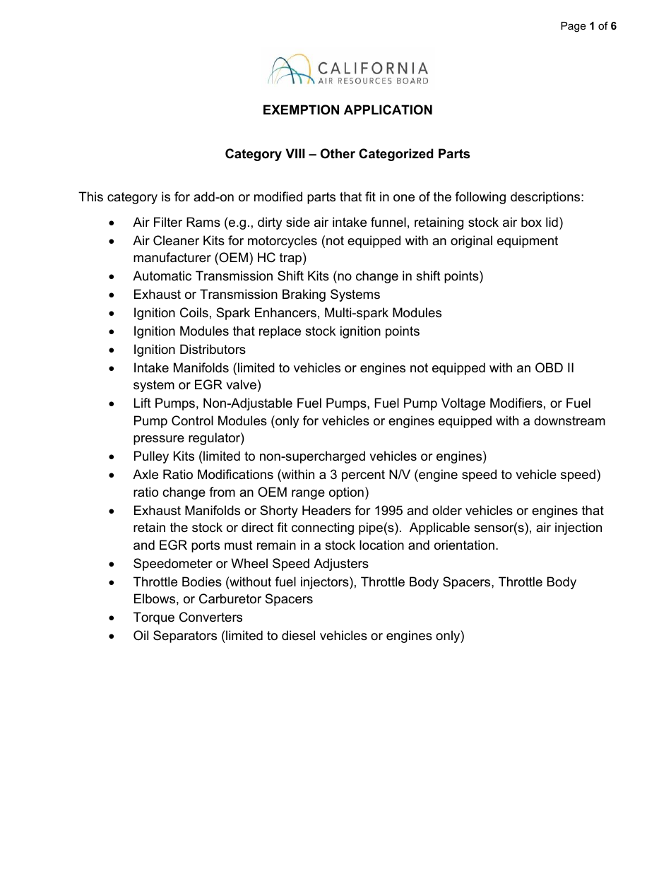 Exemption Application - Category VIII - Other Categorized Parts - California, Page 1