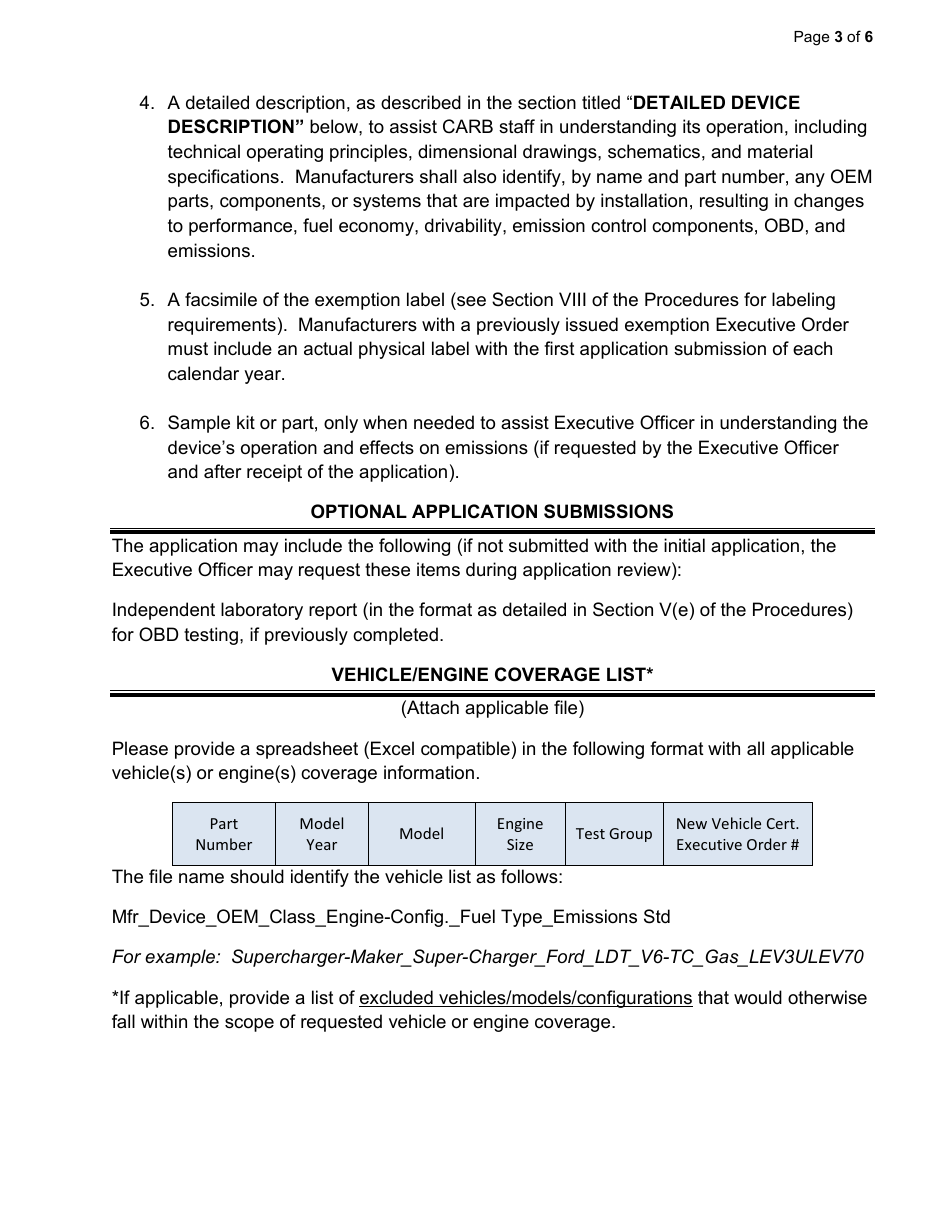 Exemption Application - Category VIII - Other Categorized Parts - California, Page 3