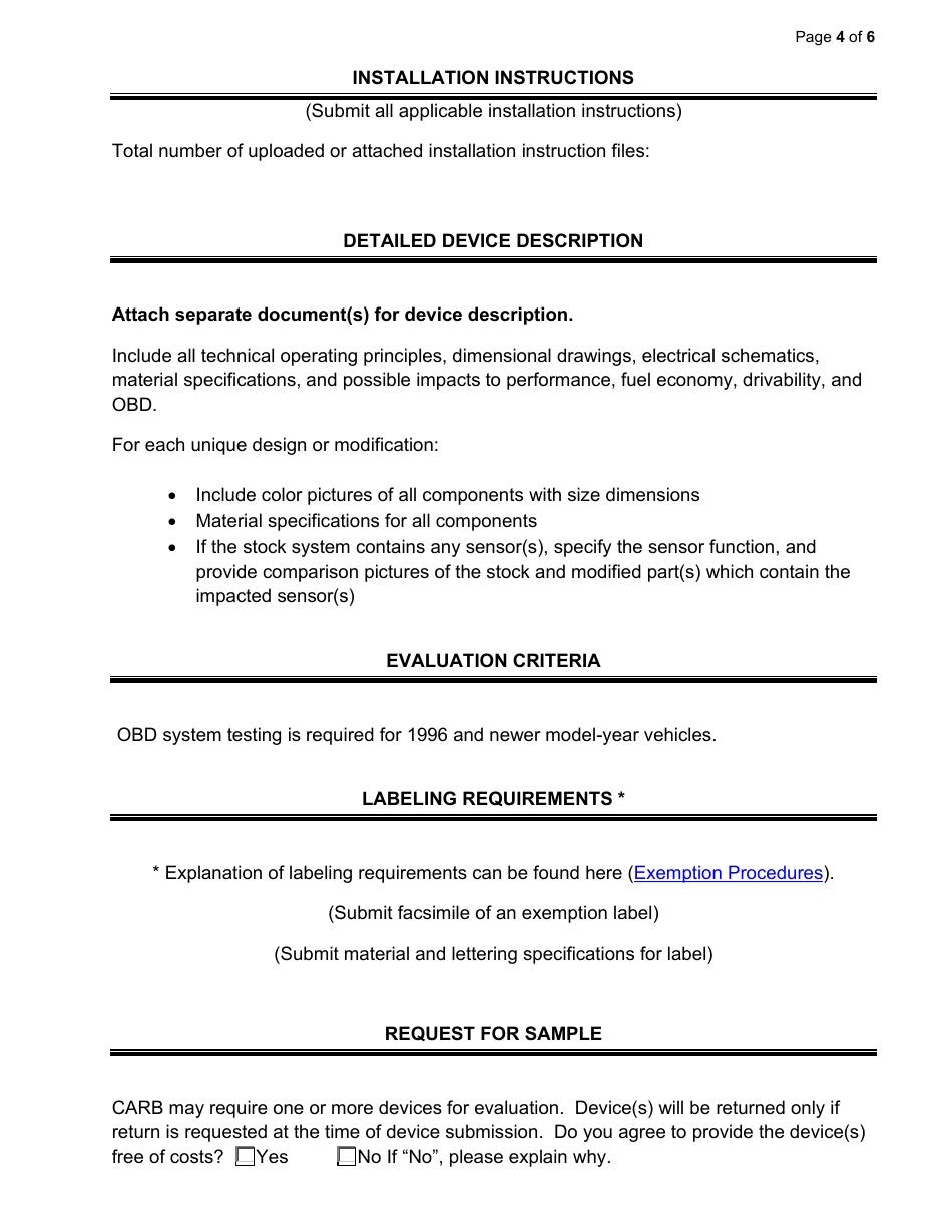 Exemption Application - Category VIII - Other Categorized Parts - California, Page 4