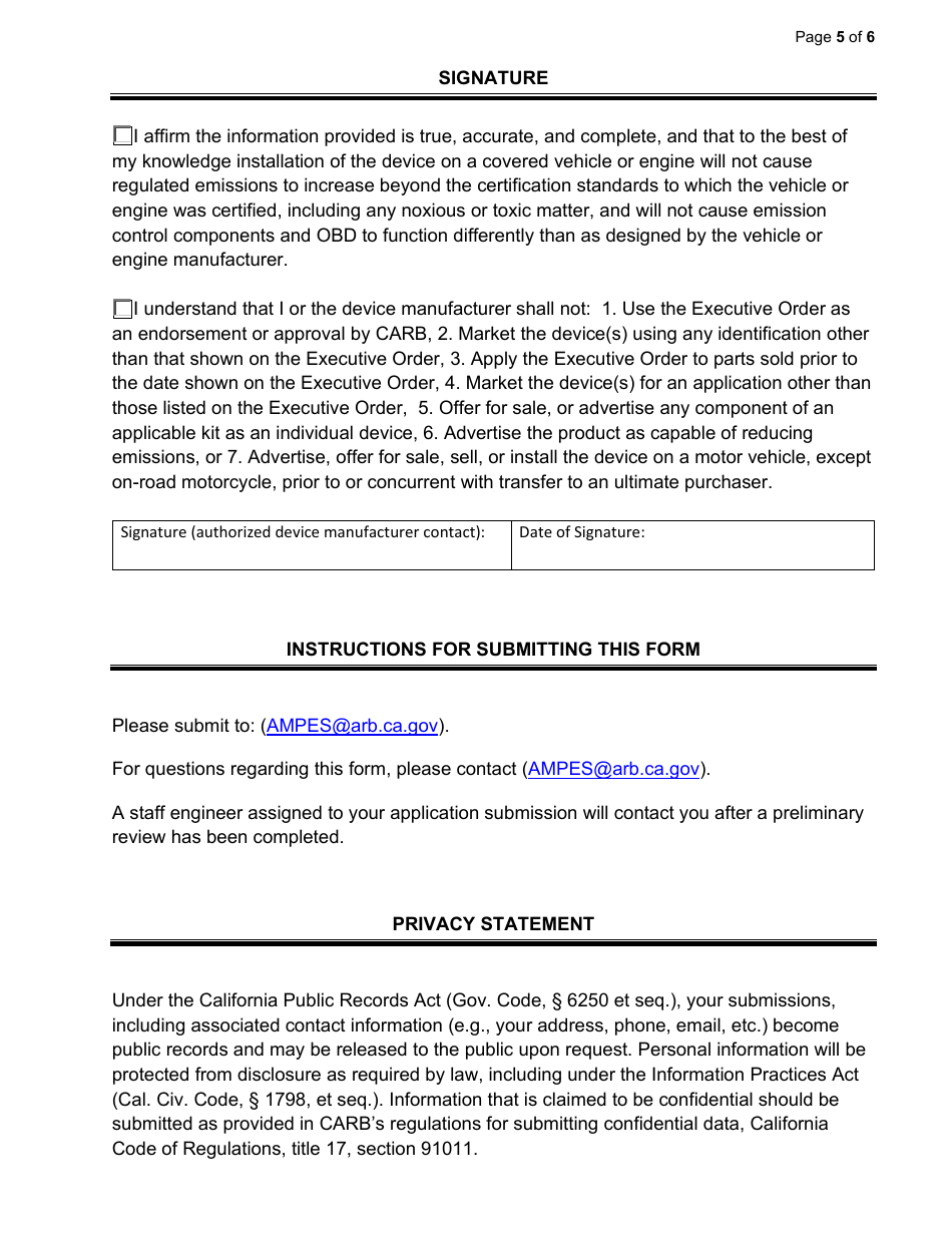 Exemption Application - Category VIII - Other Categorized Parts - California, Page 5