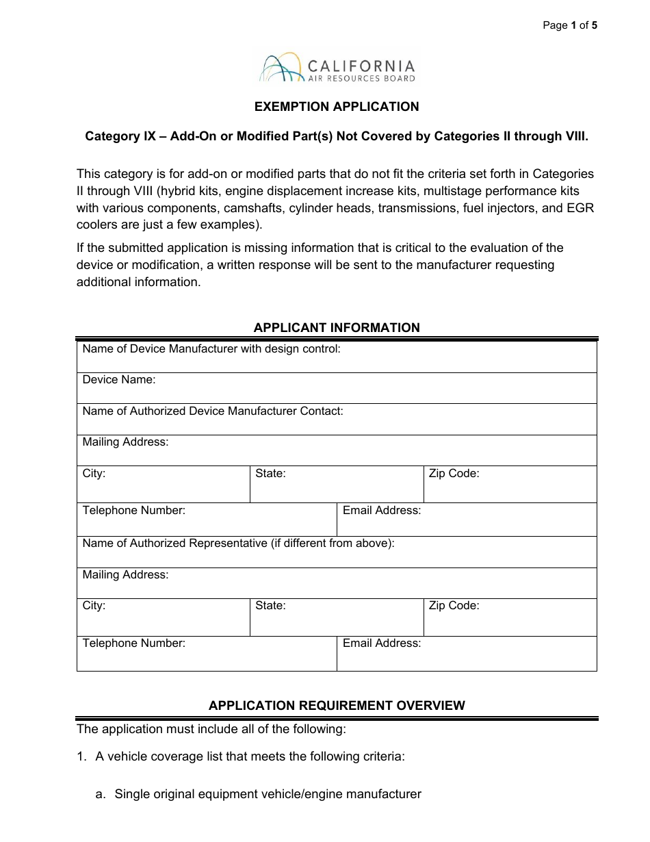 Exemption Application - Category IX - Add-On or Modified Part(S) Not Covered by Categories II Through Viii - California, Page 1