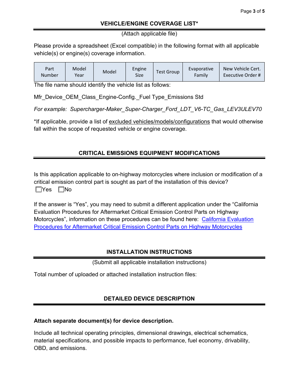 Exemption Application - Category IX - Add-On or Modified Part(S) Not Covered by Categories II Through Viii - California, Page 3