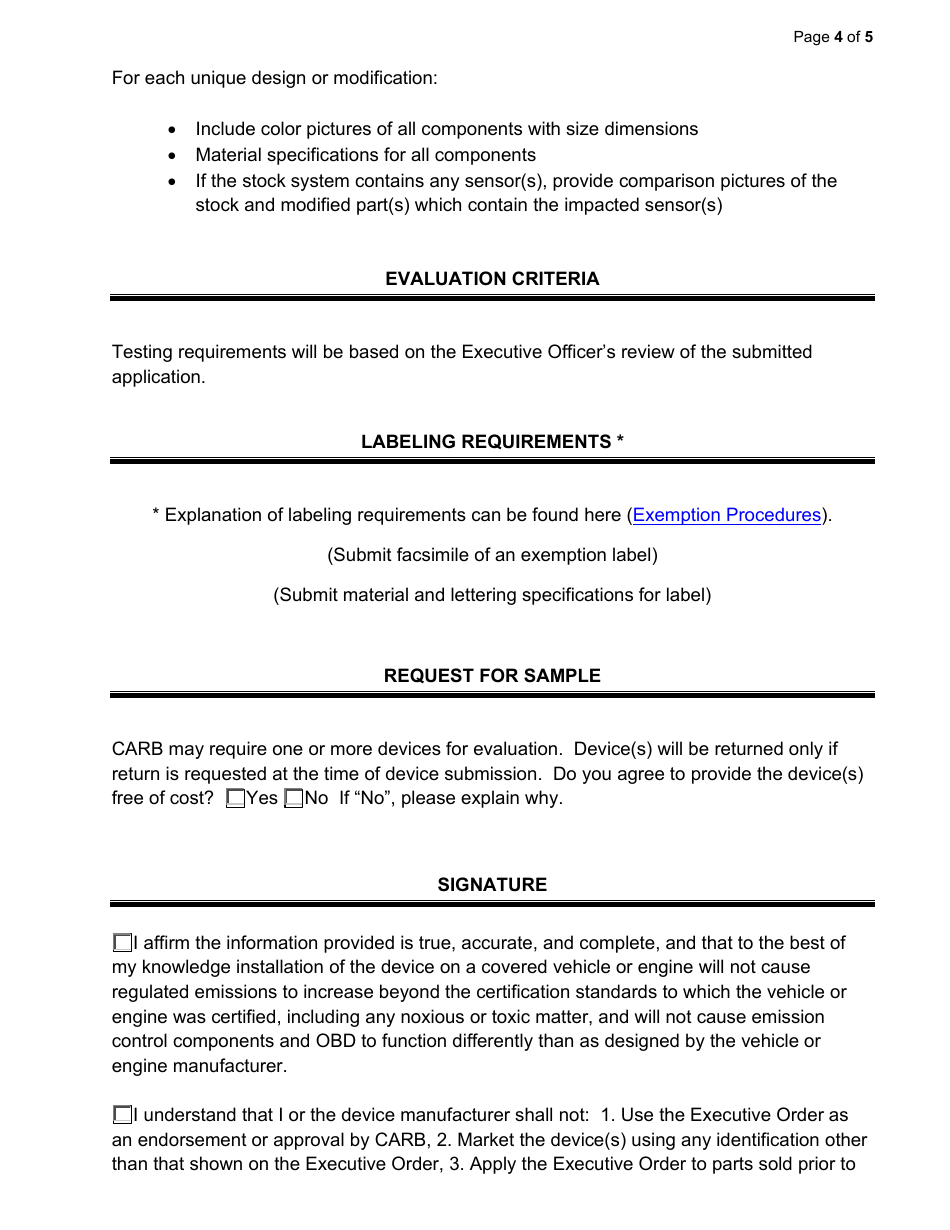 Exemption Application - Category IX - Add-On or Modified Part(S) Not Covered by Categories II Through Viii - California, Page 4