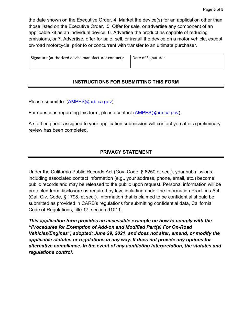 Exemption Application - Category IX - Add-On or Modified Part(S) Not Covered by Categories II Through Viii - California, Page 5