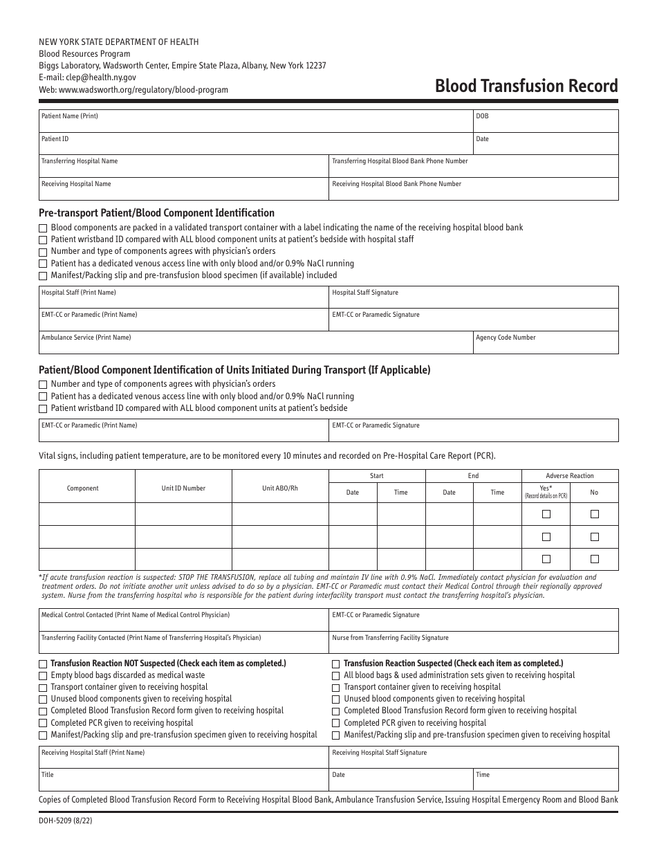 Form DOH-5209 Blood Transfusion Record - New York, Page 1