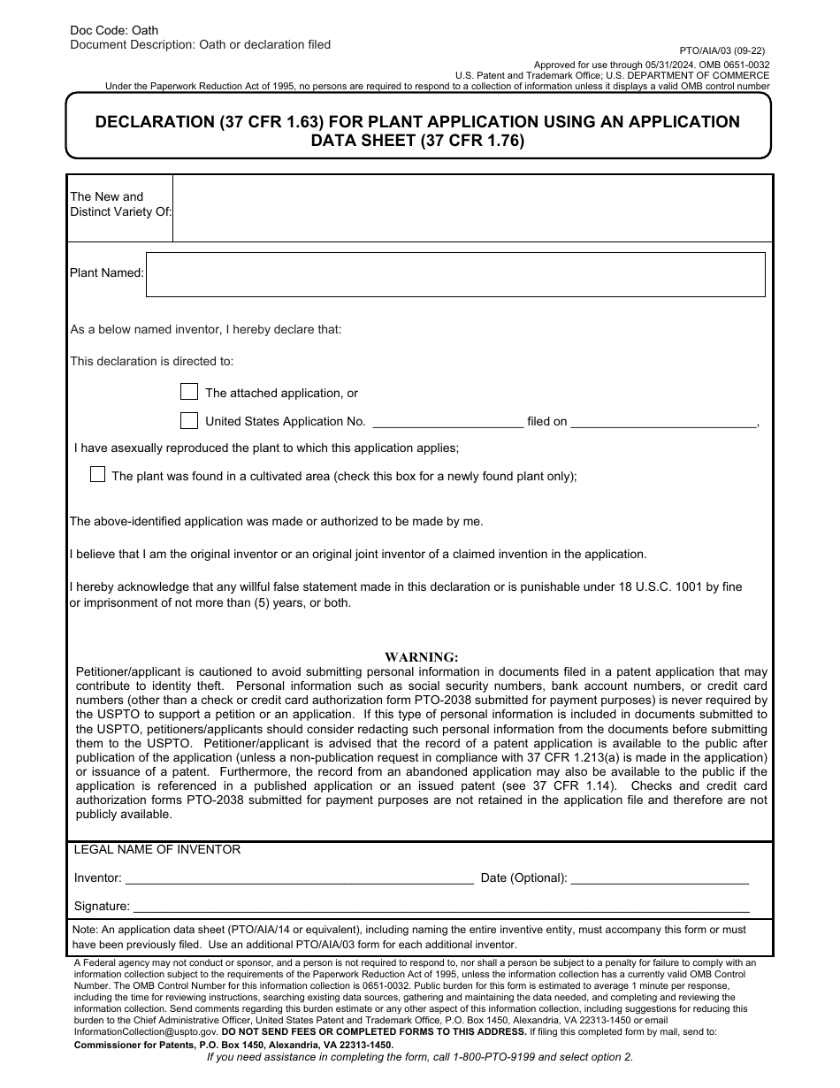 Form PTO / AIA / 03 Declaration (37 Cfr 1.63) for Plant Application Using an Application Data Sheet (37 Cfr 1.76), Page 1