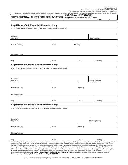 Form PTO/AIA/10 Supplemental Sheet for Declaration