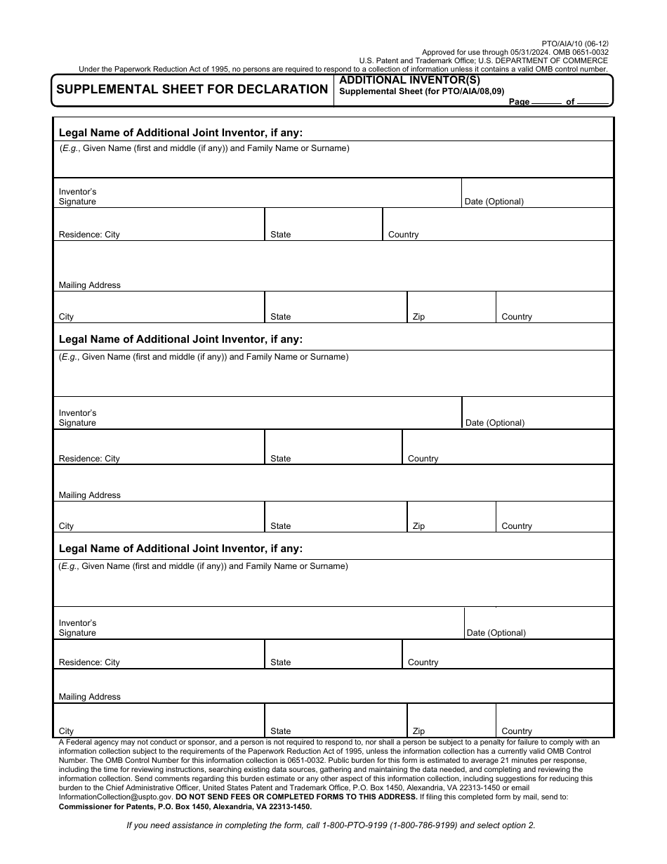 Form PTO / AIA / 10 Supplemental Sheet for Declaration, Page 1