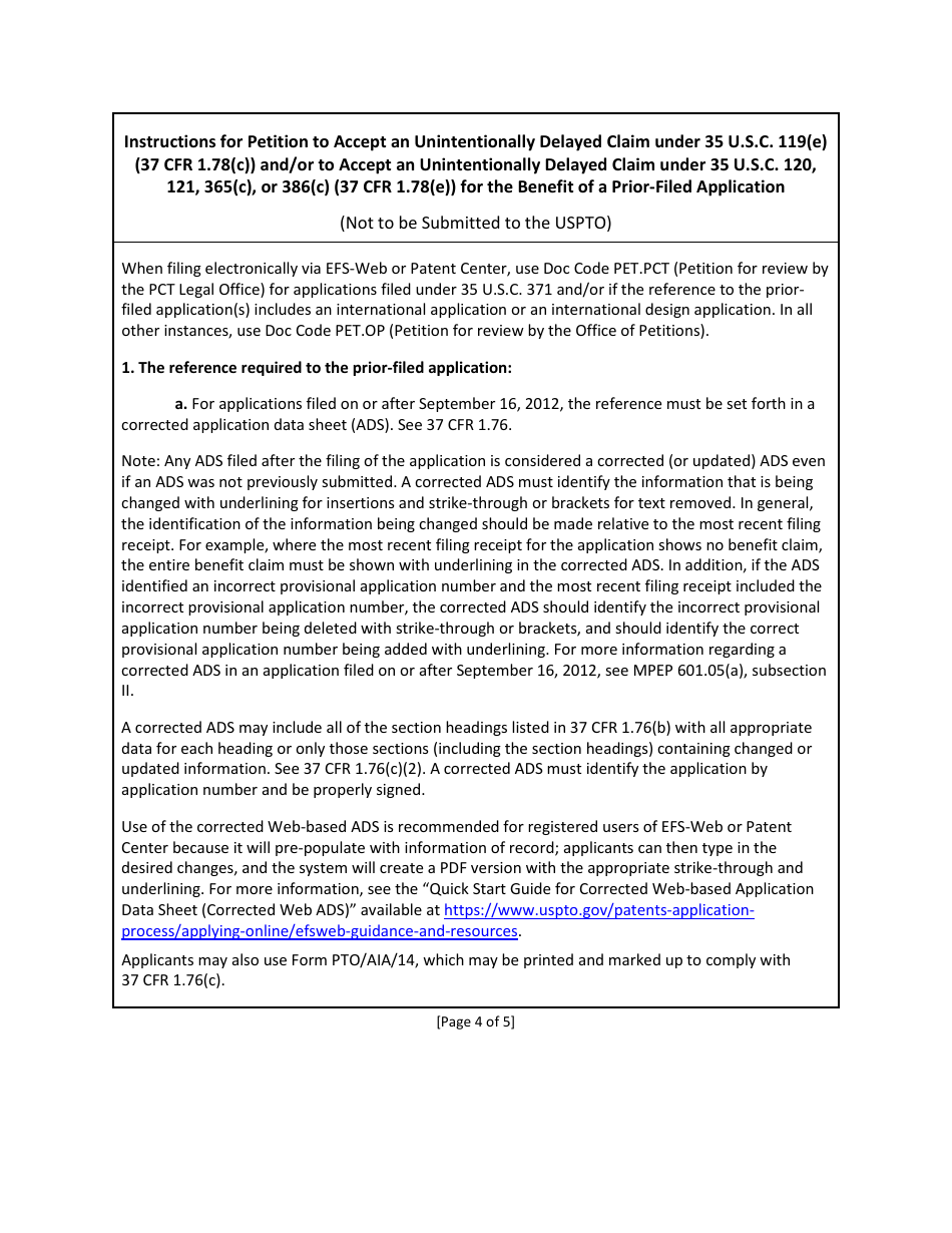 Form PTO / SB / 445 Petition to Accept an Unintentionally Delayed Claim Under 35 U.s.c. 119(E) (37 Cfr 1.78(C)) and / or to Accept an Unintentionally Delayed Claim Under 35 U.s.c. 120, 121, 365(C), or 386(C) (37 Cfr 1.78(E)) for the Benefit of a Prior-Filed Application, Page 4