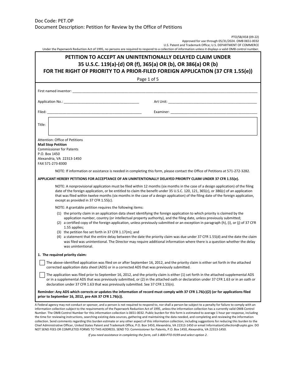 Form PTO/SB/458 Petition to Accept an Unintentionally Delayed Claim Under 35 U.s.c. 119(A)-(D) or (F), 365(A) or (B), or 386(A) or (B) for the Right of Priority to a Prior-Filed Foreign Application (37 Cfr 1.55(E)), Page 1