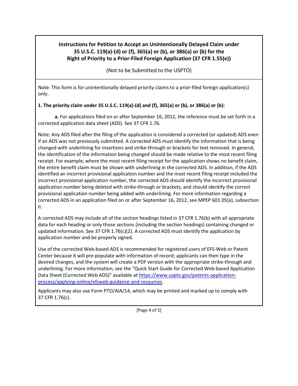 Form PTO / SB / 458 Petition to Accept an Unintentionally Delayed Claim Under 35 U.s.c. 119(A)-(D) or (F), 365(A) or (B), or 386(A) or (B) for the Right of Priority to a Prior-Filed Foreign Application (37 Cfr 1.55(E)), Page 4