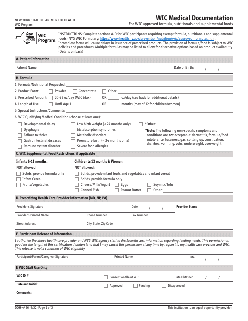 Form DOH-4456 Wic Medical Documentation - New York