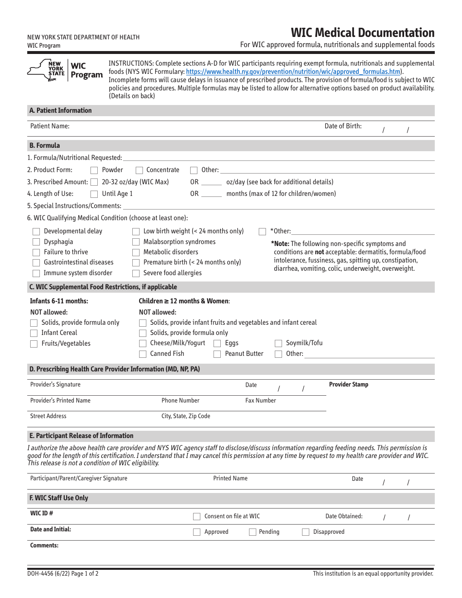 Form DOH-4456 Wic Medical Documentation - New York, Page 1