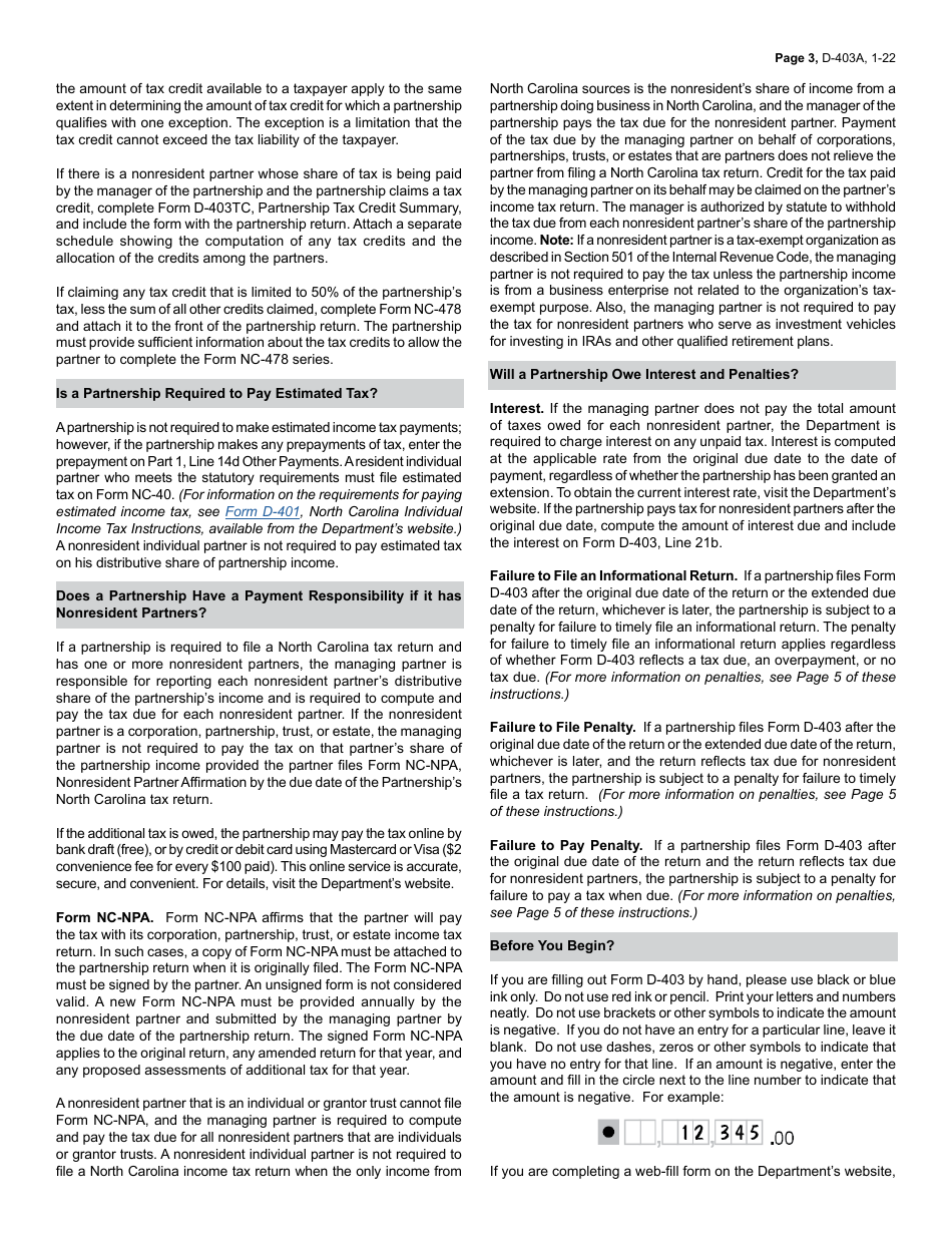 Instructions for Form D-403 Partnership Income Tax Return - North Carolina, Page 3
