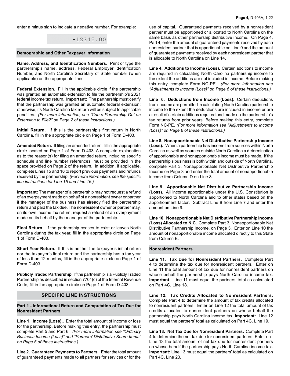 Instructions for Form D-403 Partnership Income Tax Return - North Carolina, Page 4