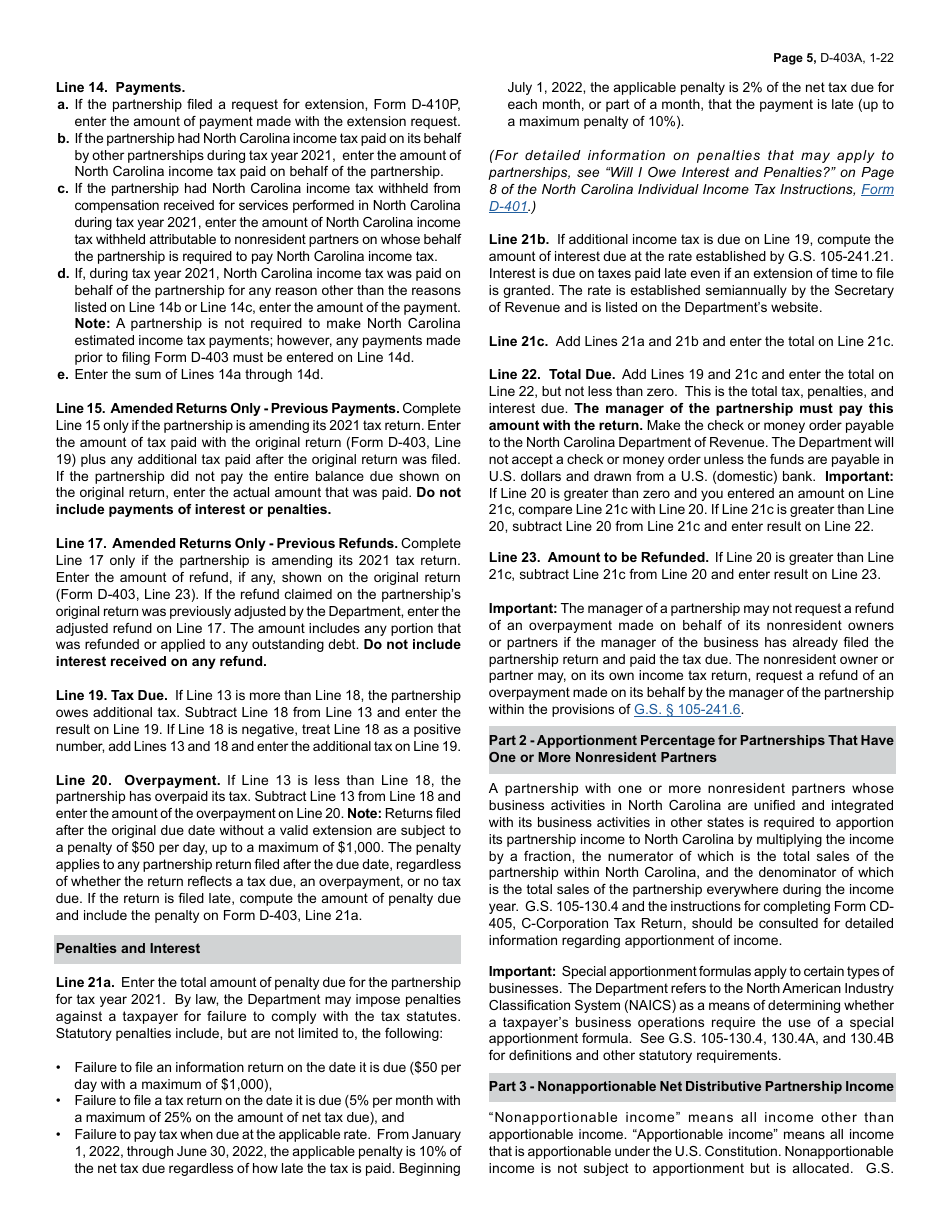 Instructions for Form D-403 Partnership Income Tax Return - North Carolina, Page 5