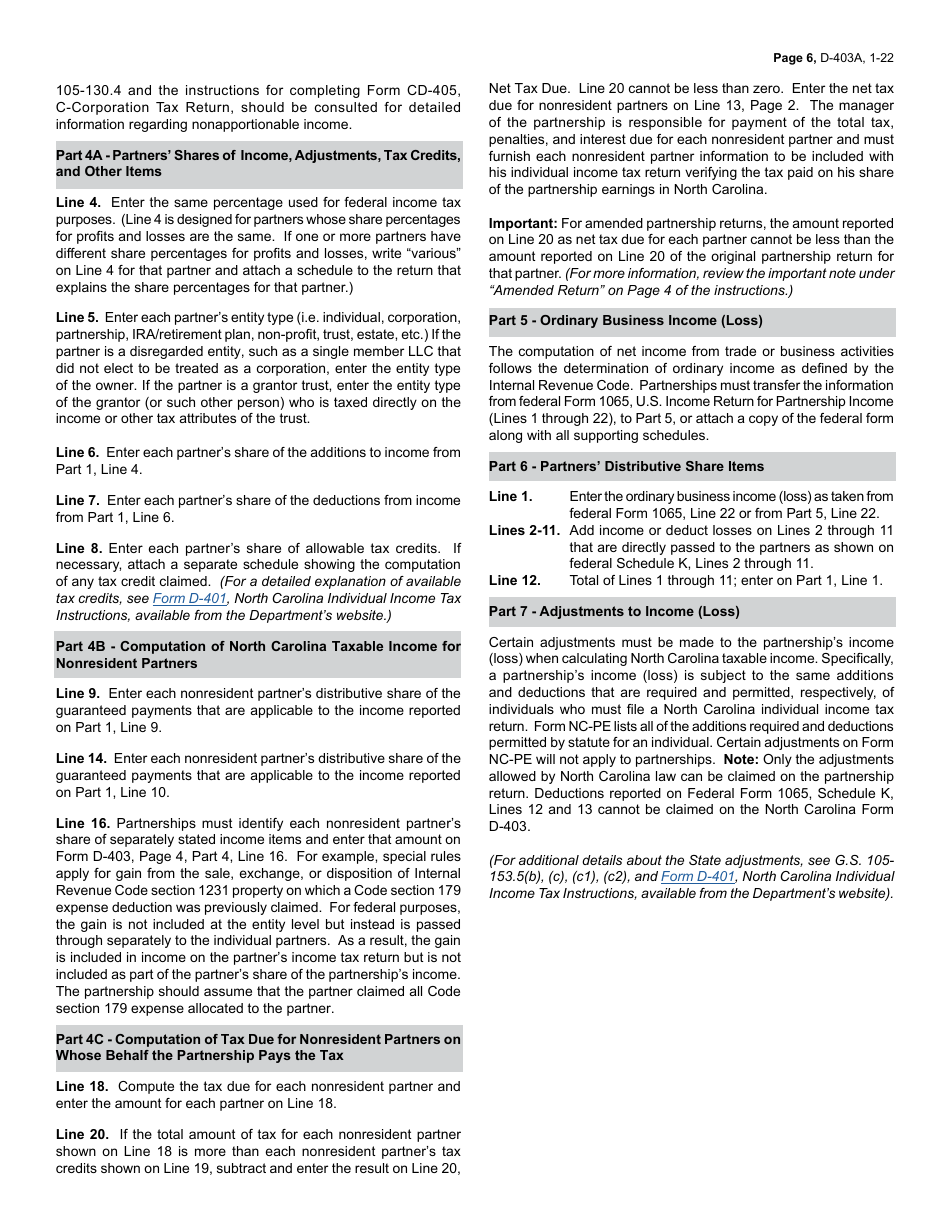 Instructions for Form D-403 Partnership Income Tax Return - North Carolina, Page 6