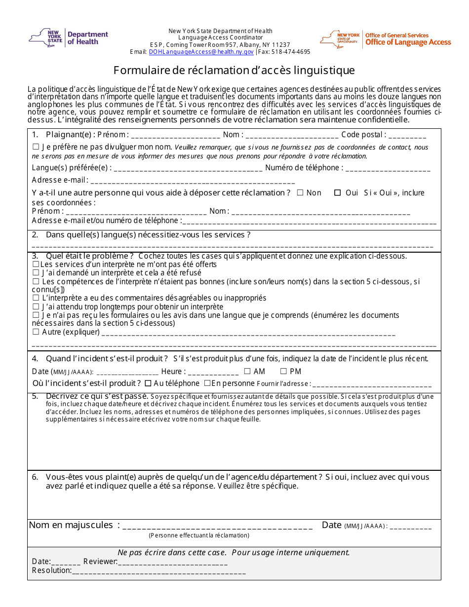 New York Language Access Complaint Form (French) - Fill Out, Sign ...
