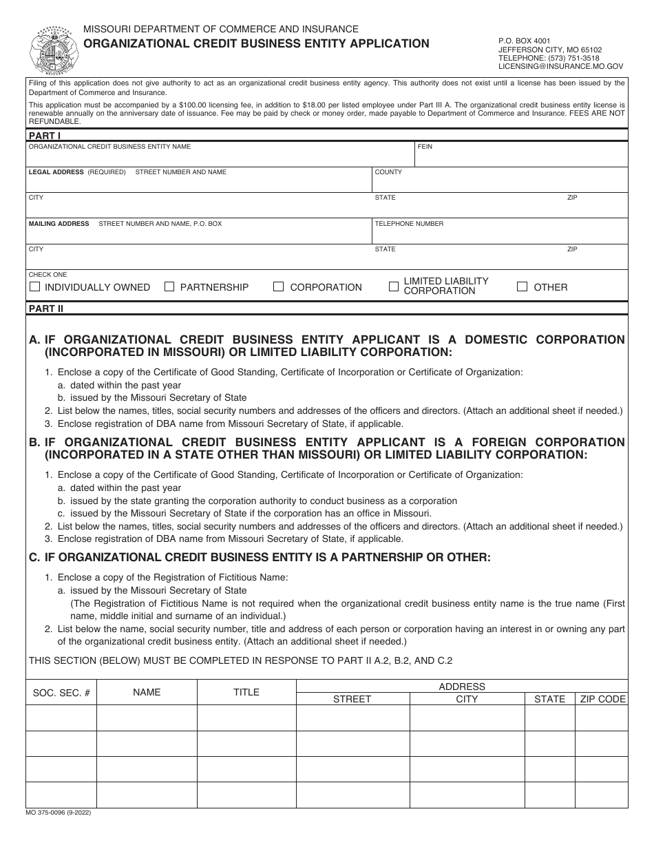 Form MO375-0096 Organizational Credit Business Entity Application - Missouri, Page 1