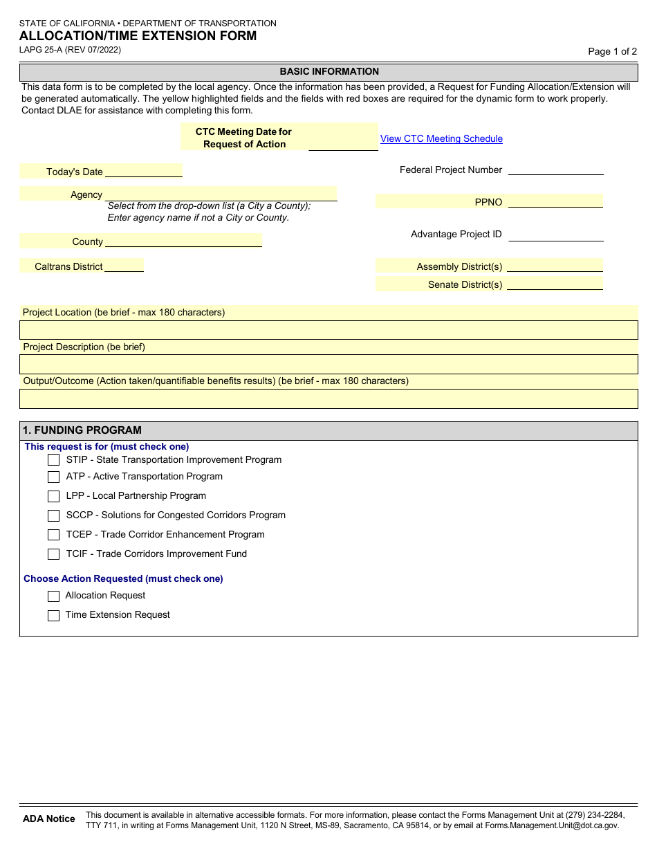 Form LAPG25-A Allocation / Time Extension Form - California, Page 1