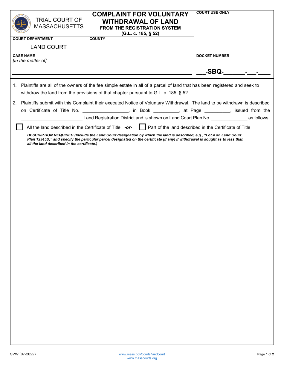 Form SVW Complaint for Voluntary Withdrawal of Land From the Registration System - Massachusetts, Page 1