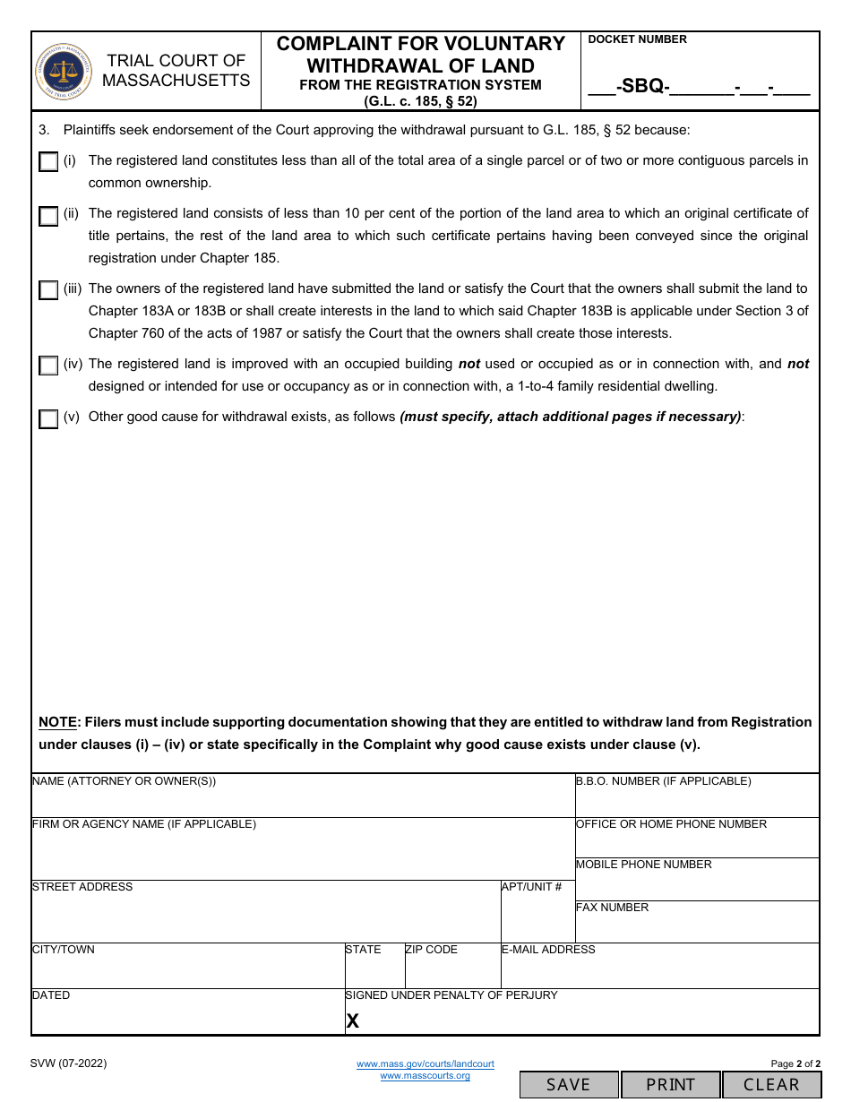 Form SVW Complaint for Voluntary Withdrawal of Land From the Registration System - Massachusetts, Page 2